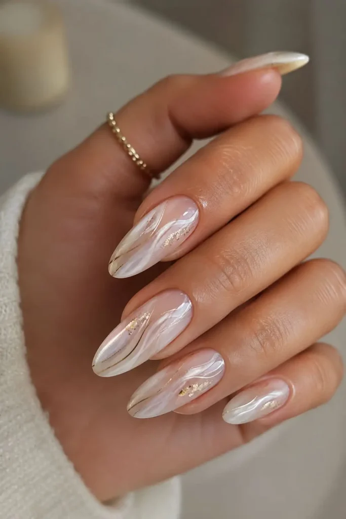 Pearlescent nude nails with an elegant iridescent shine and subtle pearls