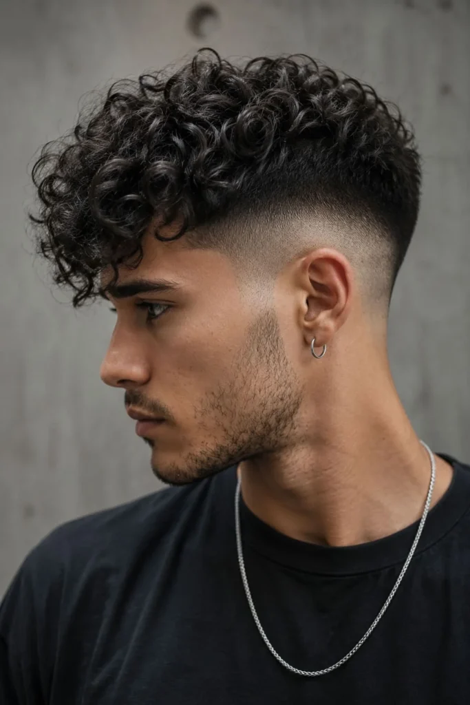 Men's perm with skin fade featuring textured curls on top and clean faded sides