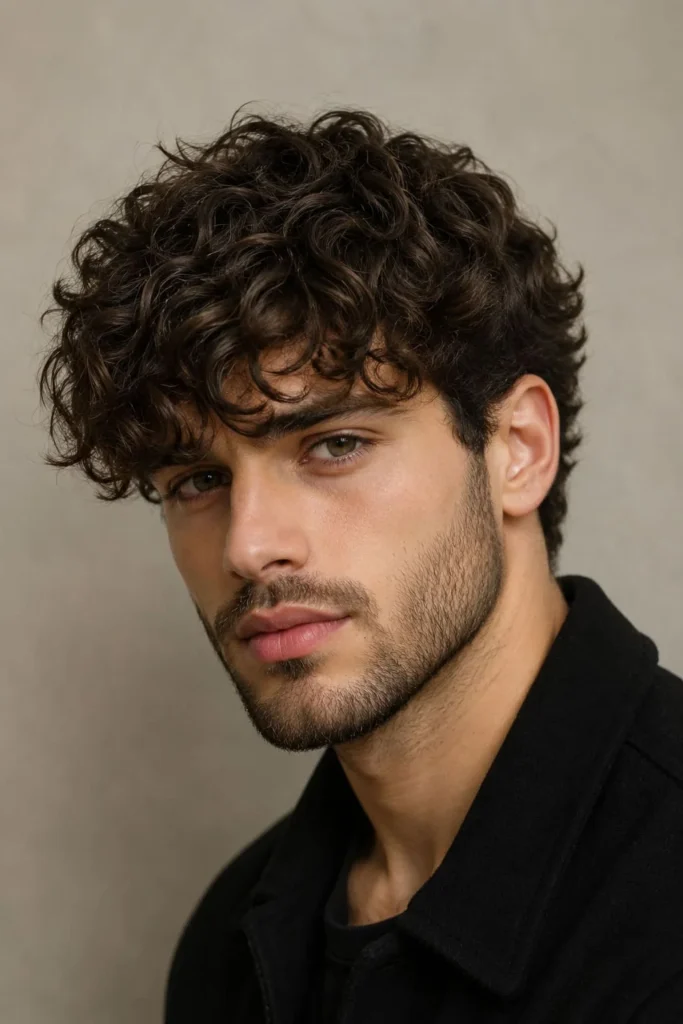 Men's perm with curly fringe framing the face and shorter clean sides