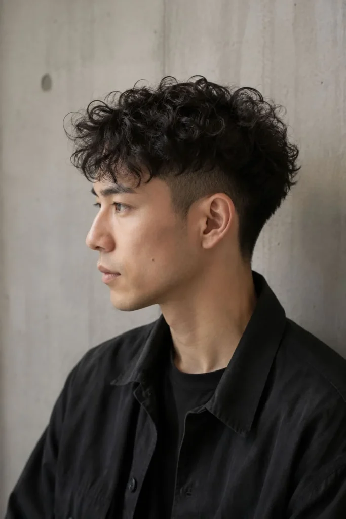 Men's pin perm with small soft curls and naturally textured crown