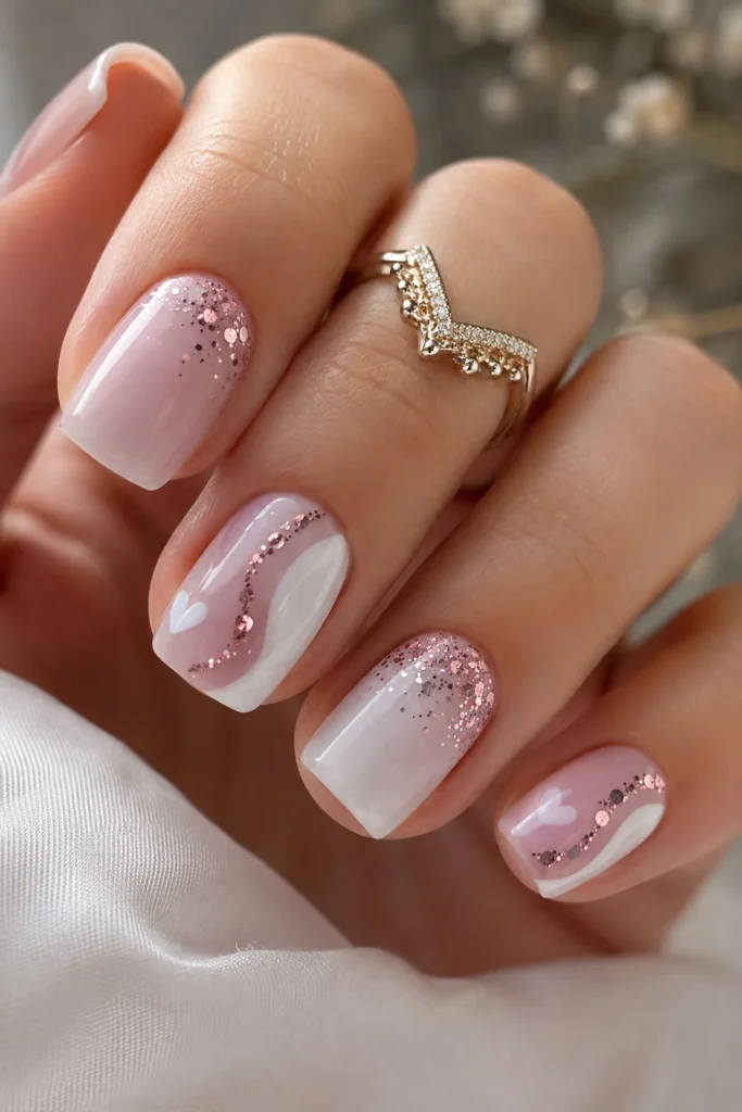 Pink glitter graduation nails with delicate white swirl nail art