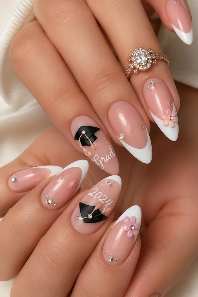Pink and white graduation nails with rhinestones and graduation cap nail art