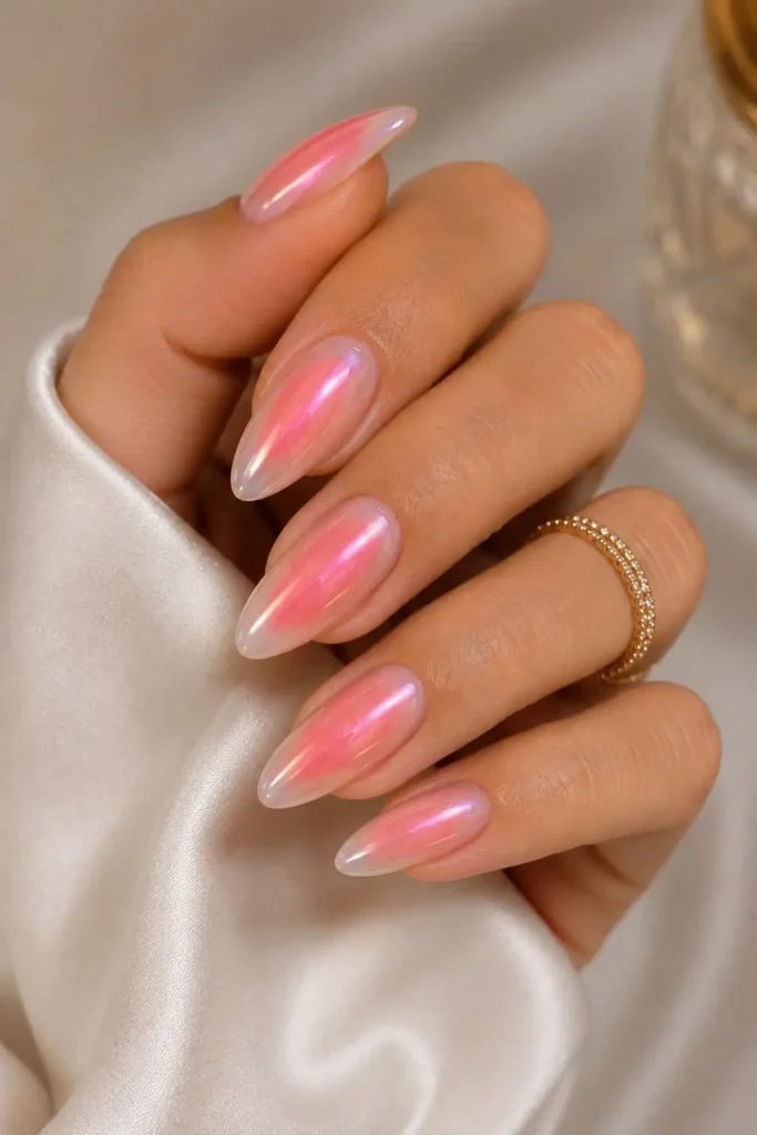 Pink aura chrome almond nails with a soft luminous halo gradient