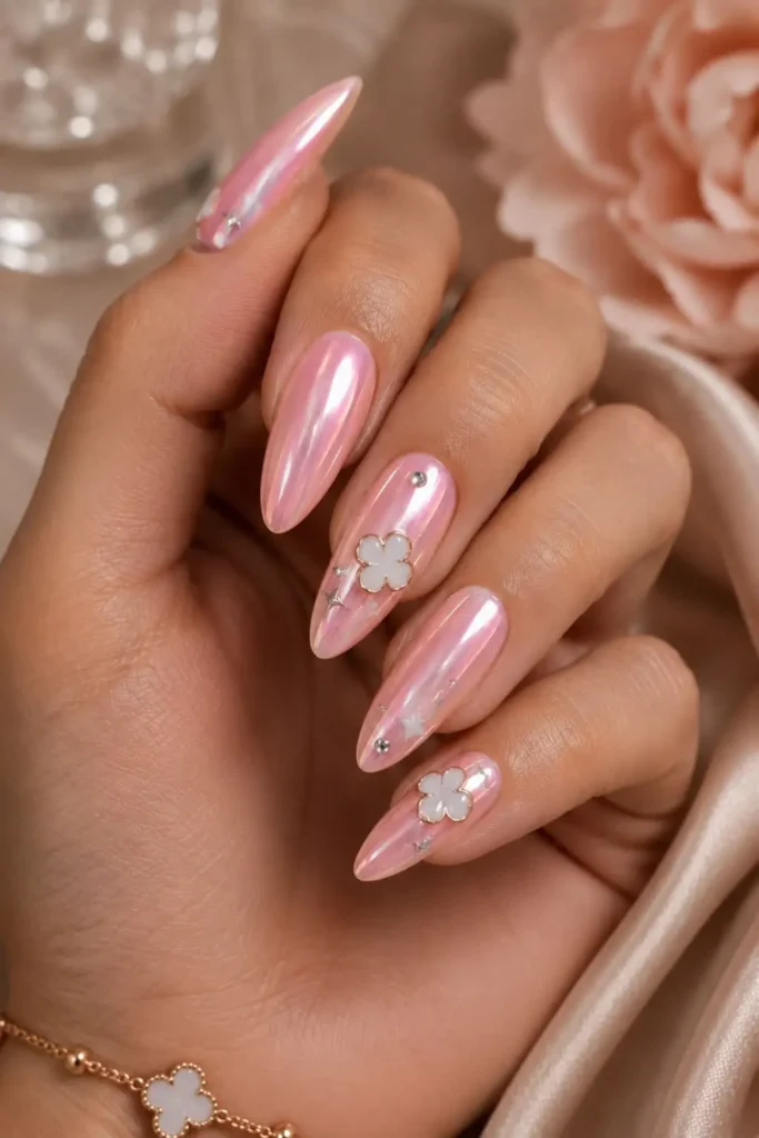 Pink chrome almond nails with white clover charms and gold accents