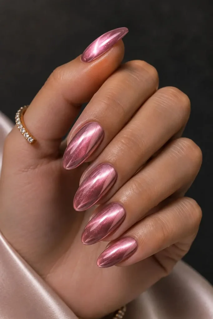 Pink chrome cat eye almond nails with a luminous magnetic shimmer