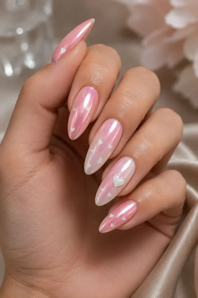 Pink chrome nails ideas with delicate white heart nail art