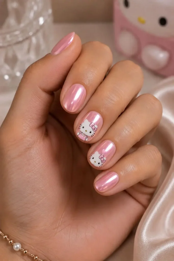 Pink chrome nails with minimalist Hello Kitty accent nail art