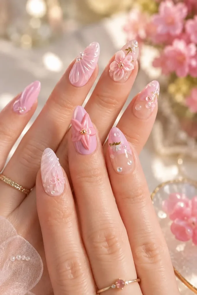 Pink nails with 3D bows, flowers, hearts and feminine details