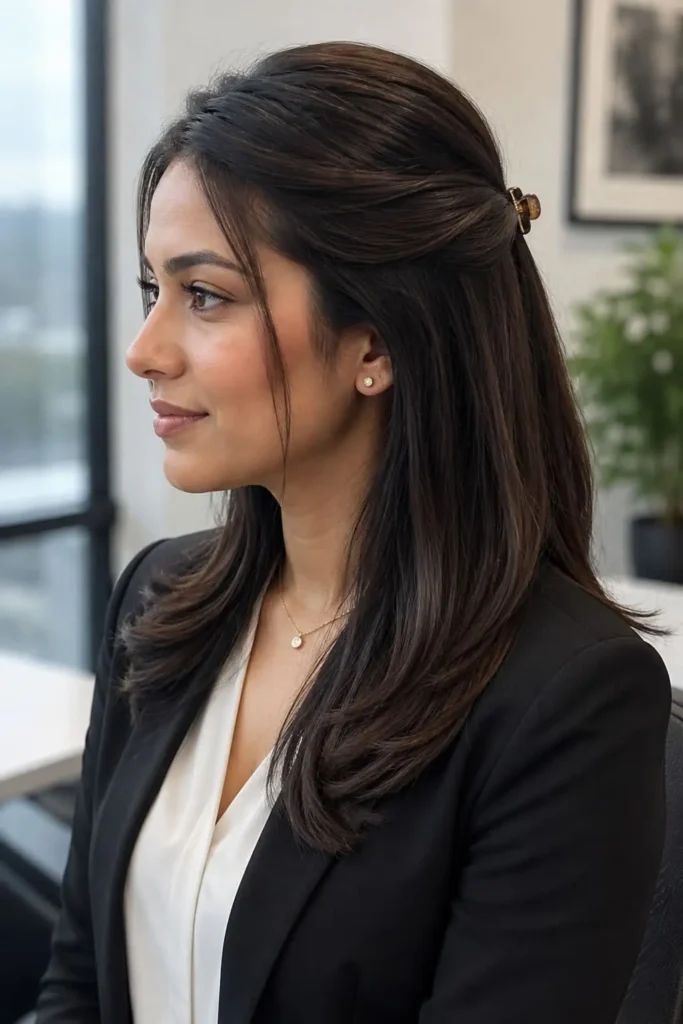 Polished half-up twist hairstyle for work