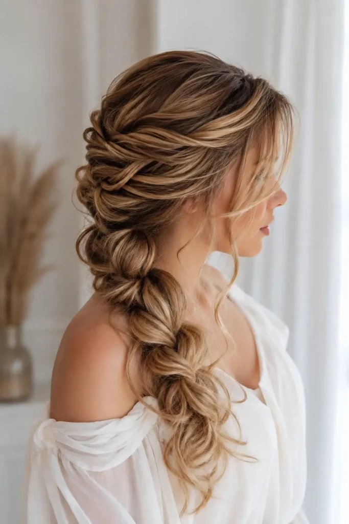 Romantic loose braid prom hairstyle swept over one shoulder