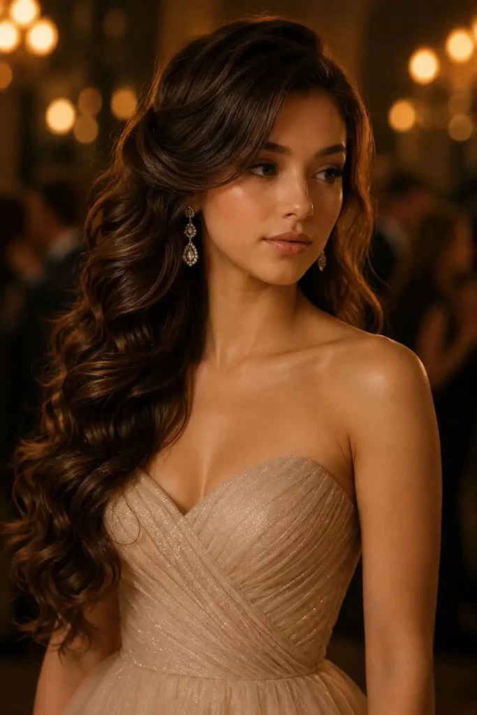 Romantic waves and curls prom hairstyle for long hair