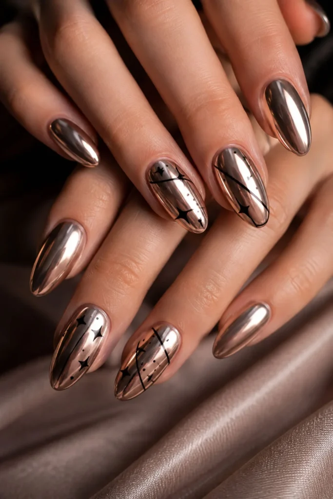 Rose gold chrome graduation nails with celestial black line art and stars