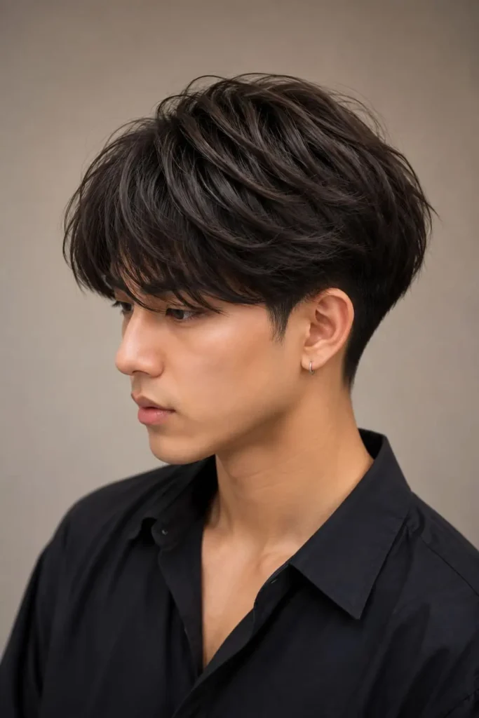 Rounded scoop haircut with soft curved edges for men