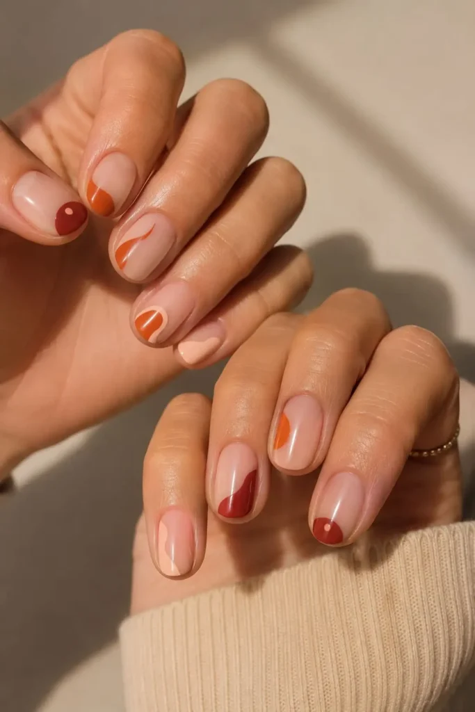 Rusty negative space nails with warm red, peach, and orange accents