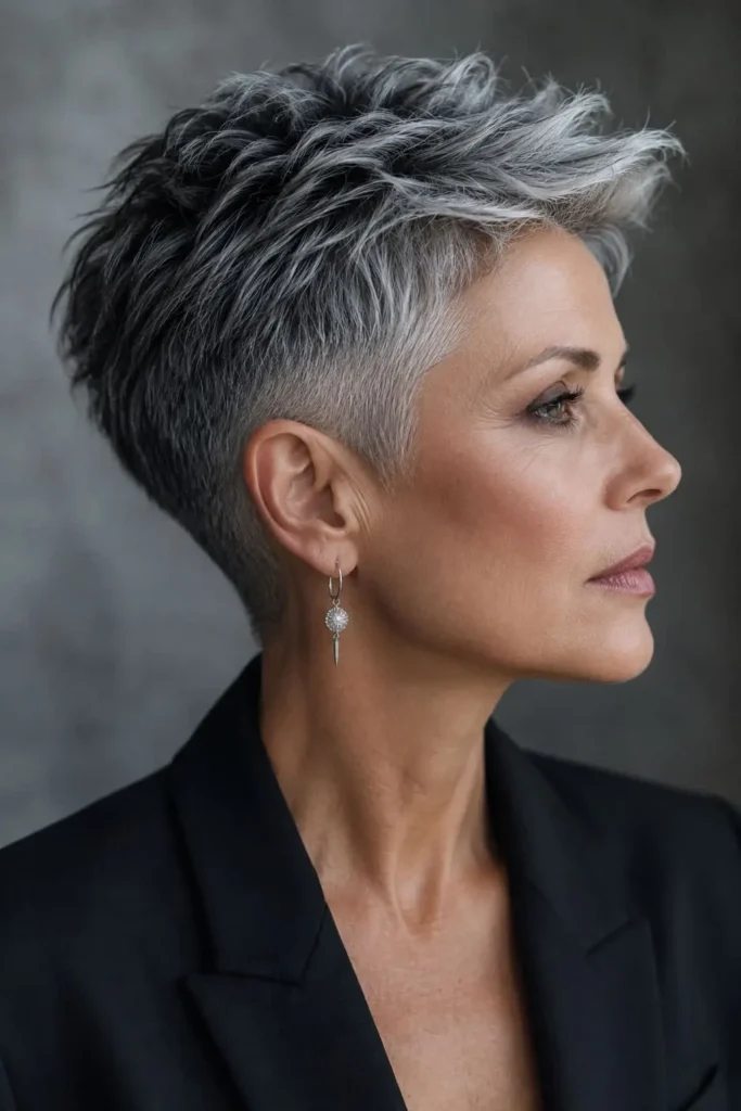 Salt and pepper low fade haircut for women with natural gray hair