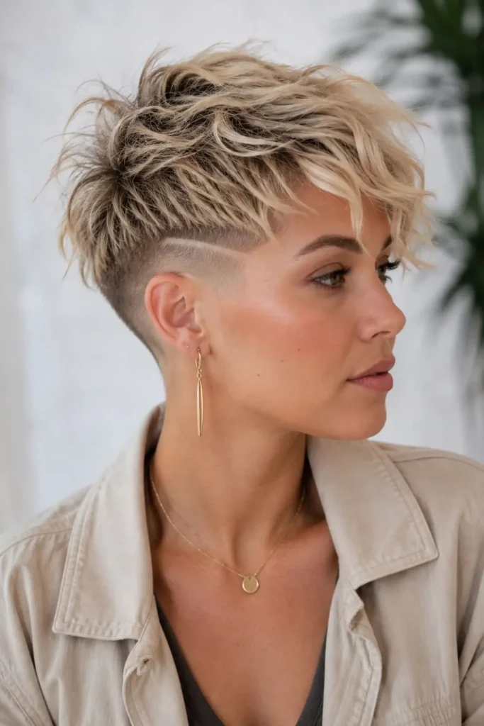 Shaggy short blonde haircut with faded sides for women