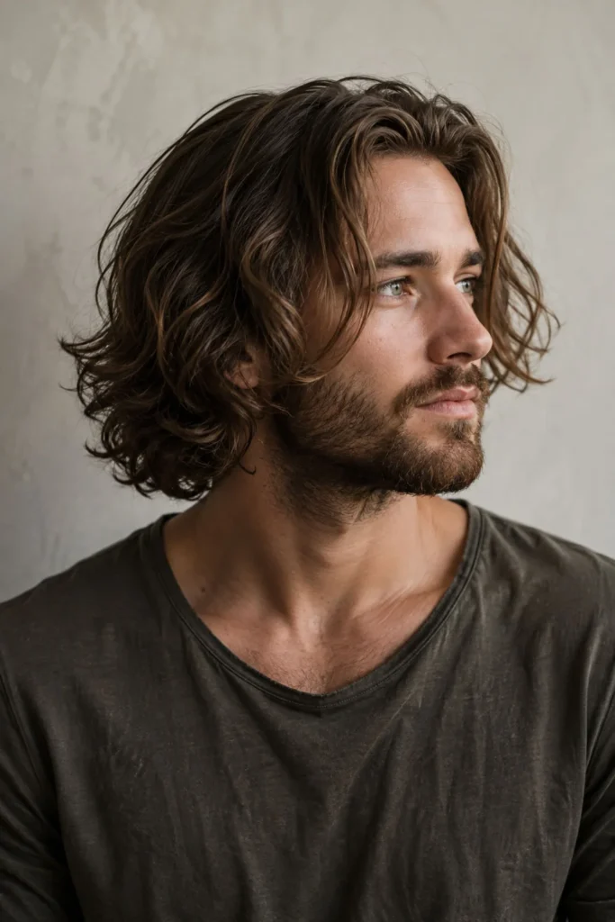 Sharp long bob haircut for men with textured hair