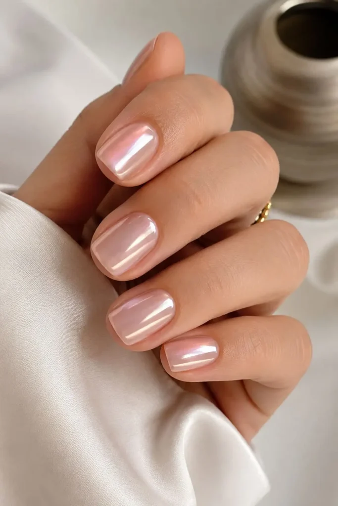 Sheer nude pink chrome nails on short squoval nails with a glossy finish