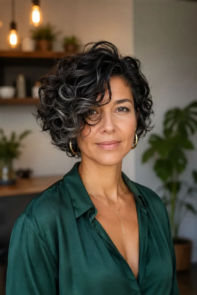 Short asymmetrical curly bob with face-framing curls for women over 30