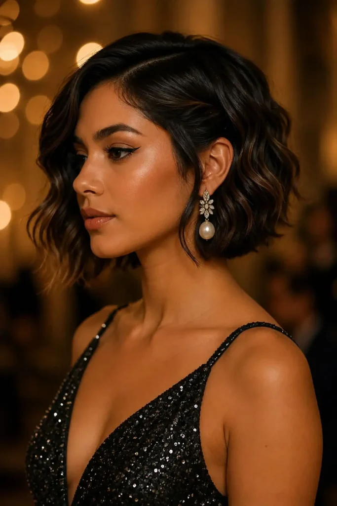 Short bob prom hairstyle with polished waves and statement earrings