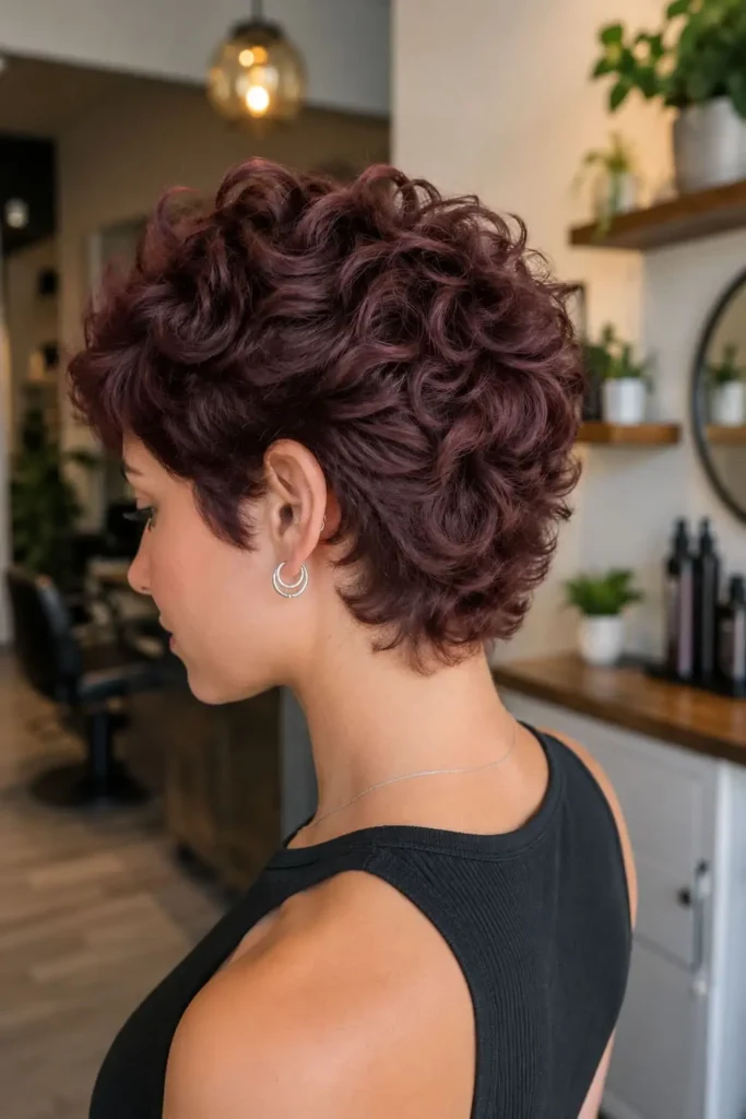 Short burgundy curly bob with rich dimensional curls for women over 30