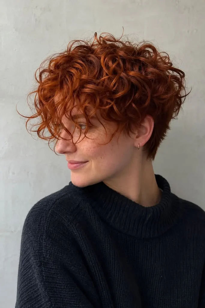 Short copper curly hairstyle with bouncy natural curls for women over 30