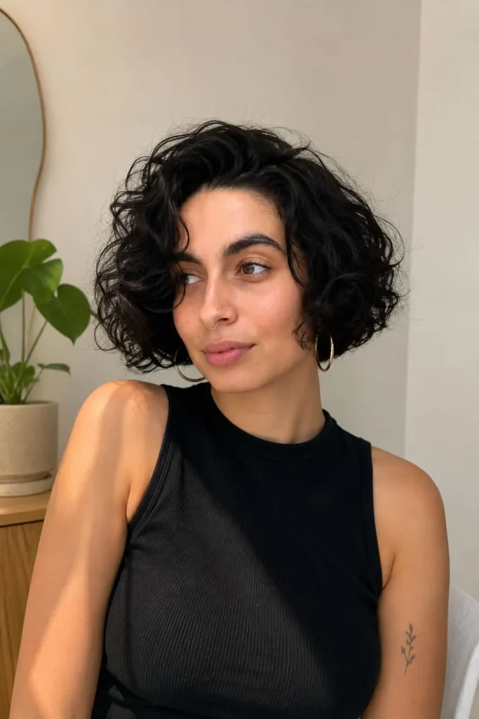 Short curly bob above the shoulders with soft defined curls for women over 30