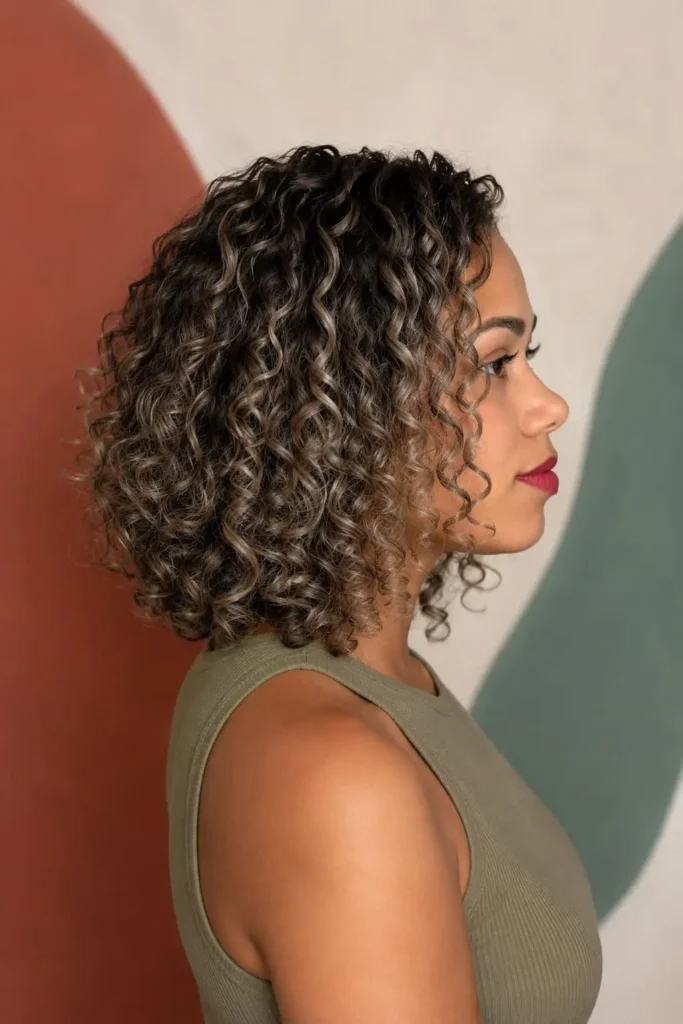 Short curly bob with dark roots and light frosted ends for women