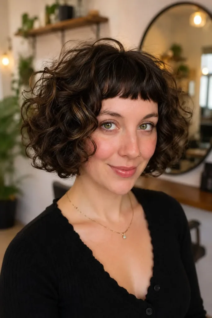 Short curly bob with micro fringe and defined curls for women
