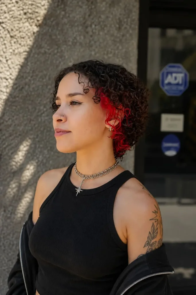 Short curly crop with red accents and defined curls for women over 30