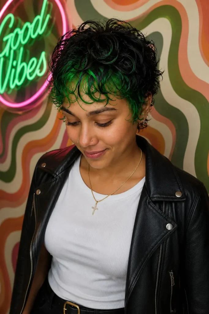 Short curly crop with wearable green highlights for women