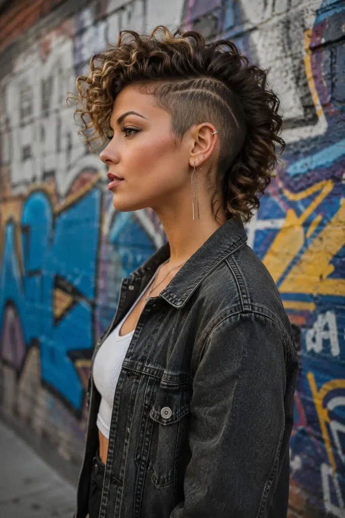 Short curly mohawk with shaved sides and defined curls for women over 30