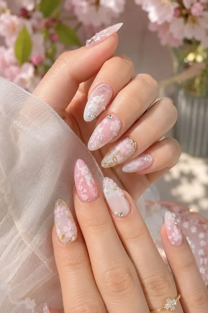 Short nails with cherry blossoms, 3D flowers, stars and delicate details