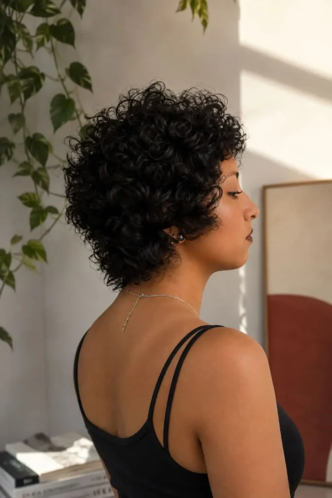 Short natural curly hairstyle with effortless volume for women over 30