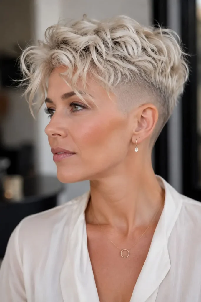 Short pale blonde wavy fade hairstyle for women