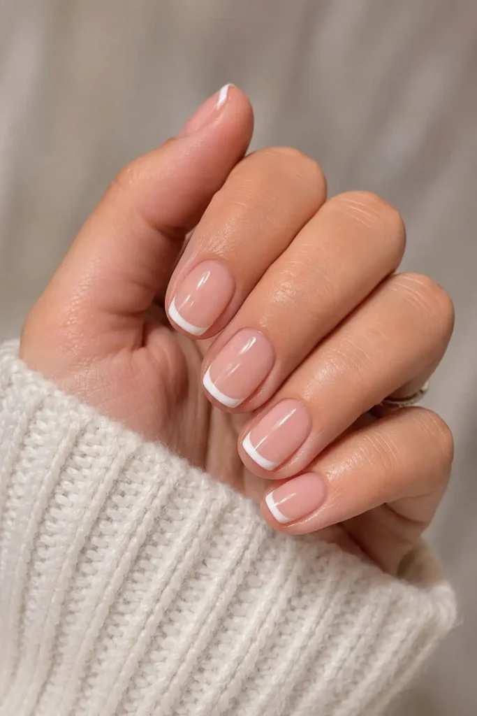 Short white French tip nails with thin tips on a nude base