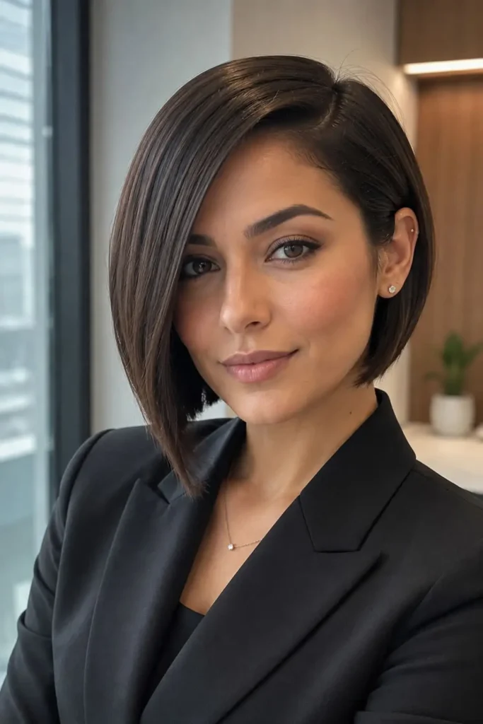 Sleek bob with a deep side part for work