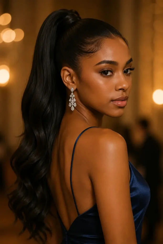 Sleek ponytail prom hairstyle with glossy polished finish
