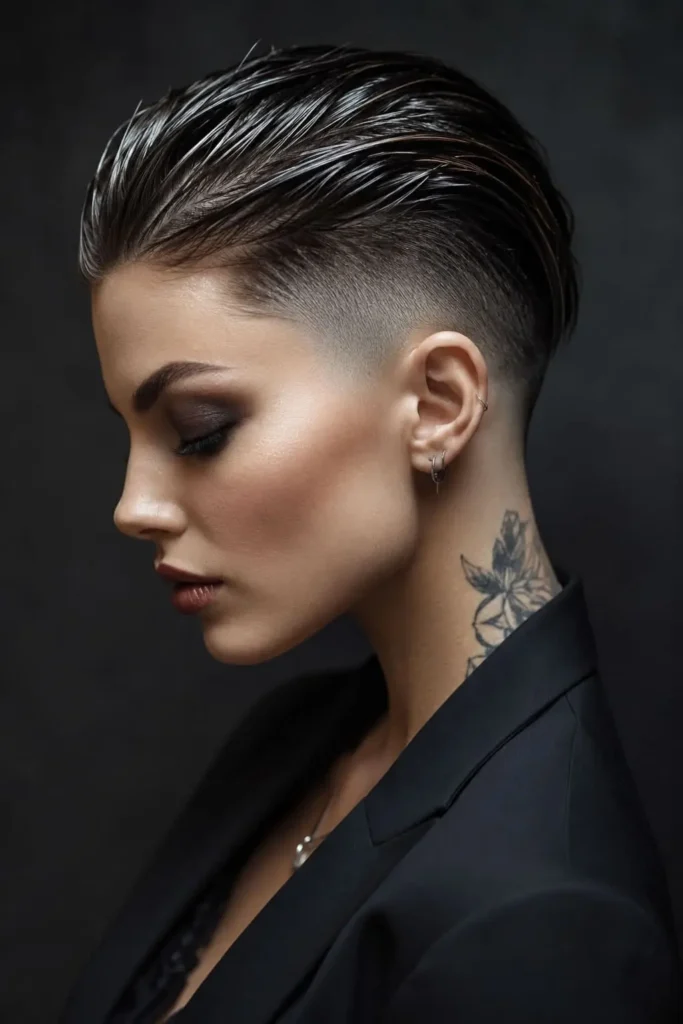 Slicked back womens hairstyle with clean faded sides