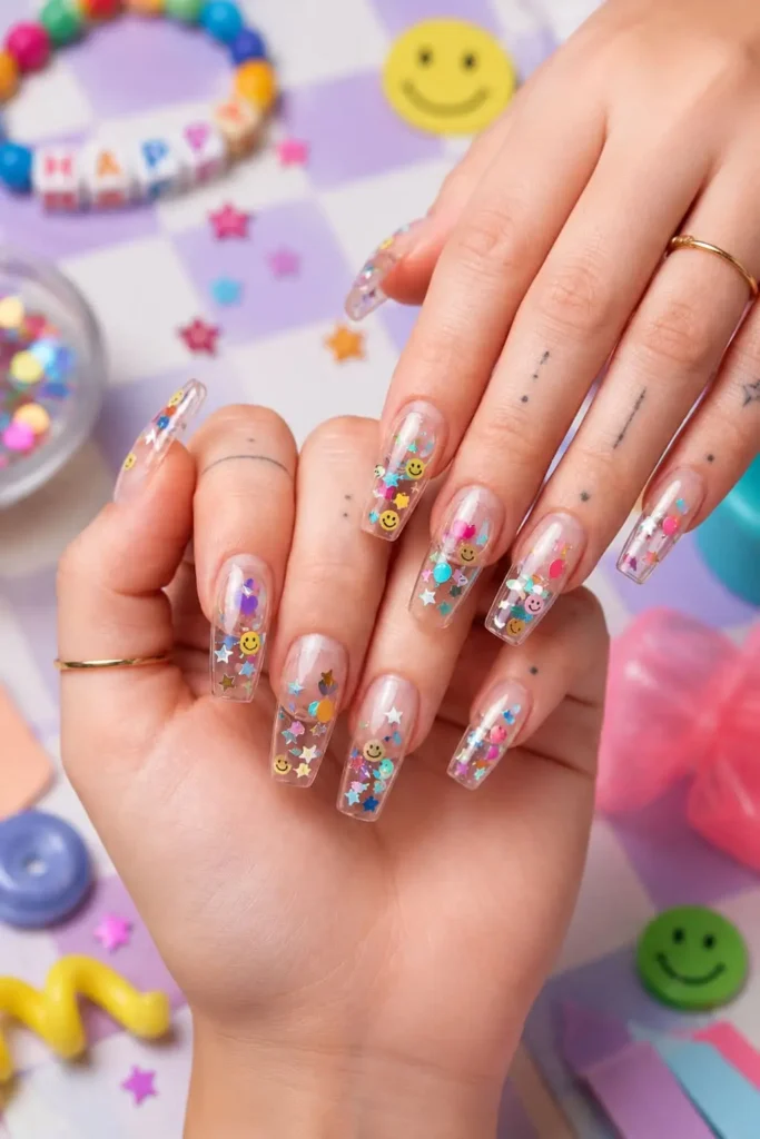 Snowglobe aquarium birthday nails with floating stars and party charms