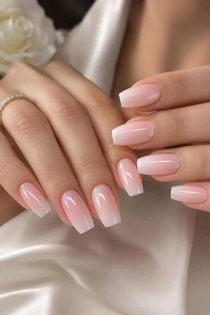 Soft pink coffin ombre graduation nails with a minimalist glossy finish