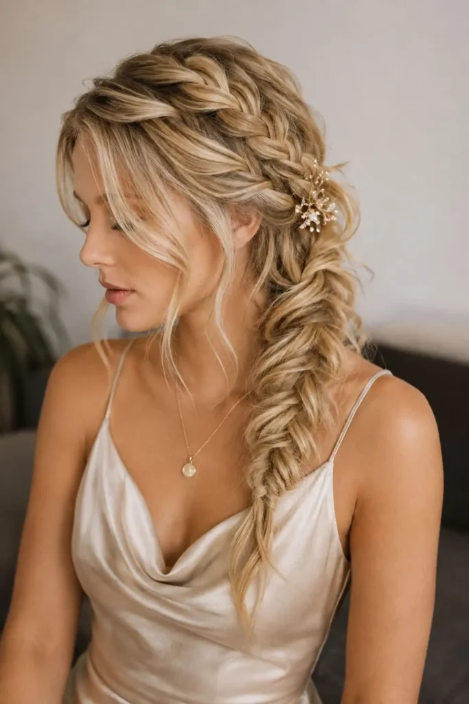 Soft braided side sweep prom hairstyle with loose waves