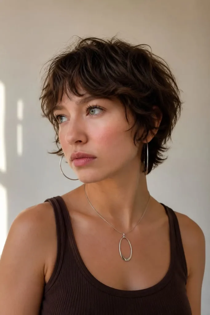 Soft layered short curly haircut with defined curls for women
