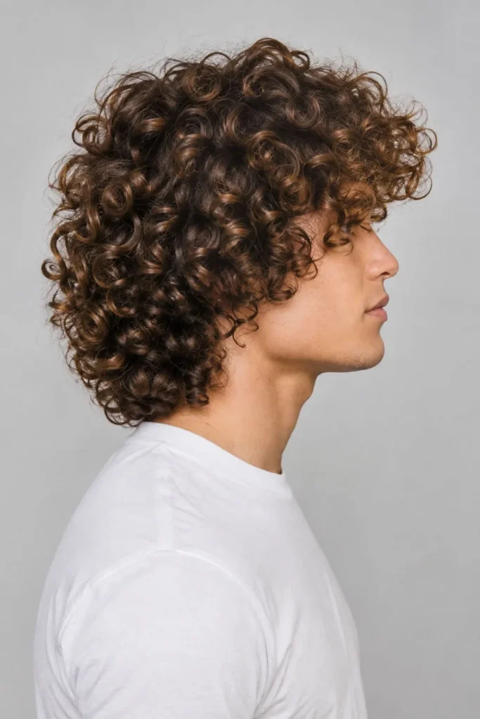 Men's spiral perm with tight defined corkscrew curls and natural volume