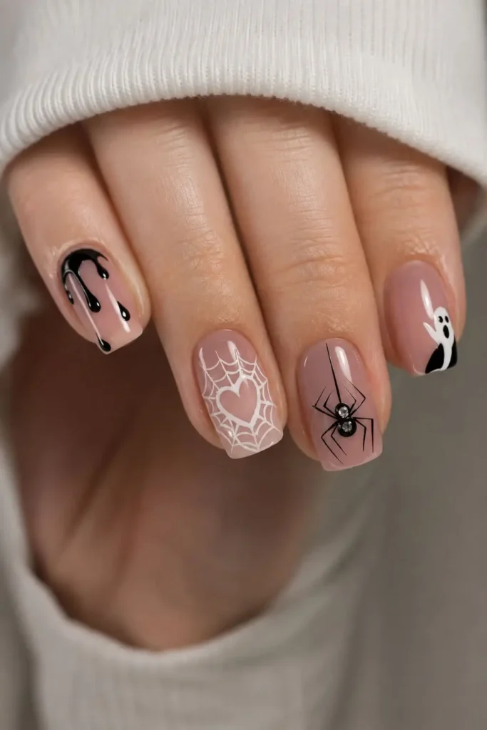 Spooky nude Halloween nails with minimalist black spiderweb and spider nail art