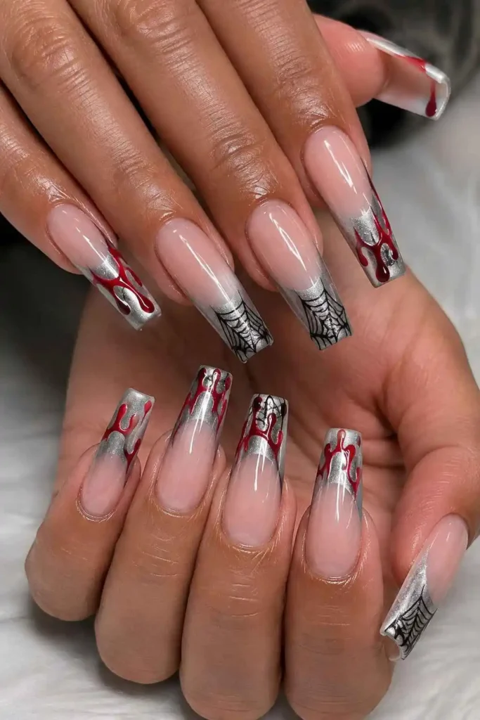 Spooky silver French coffin nails with frosted metallic tips