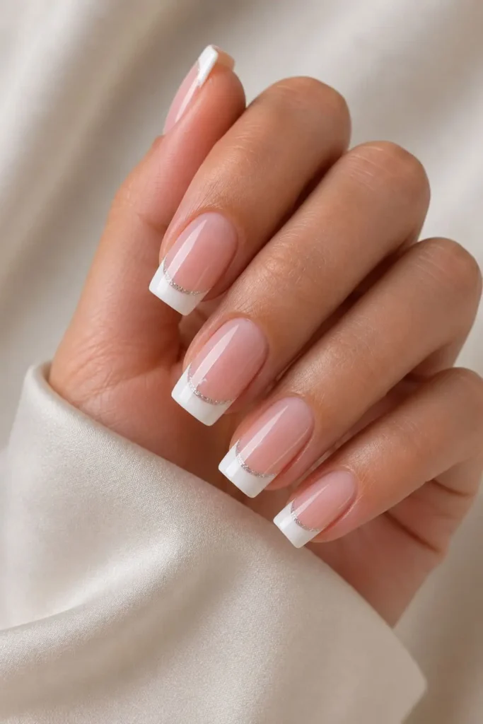 Square French tip nails with pink base and silver glitter