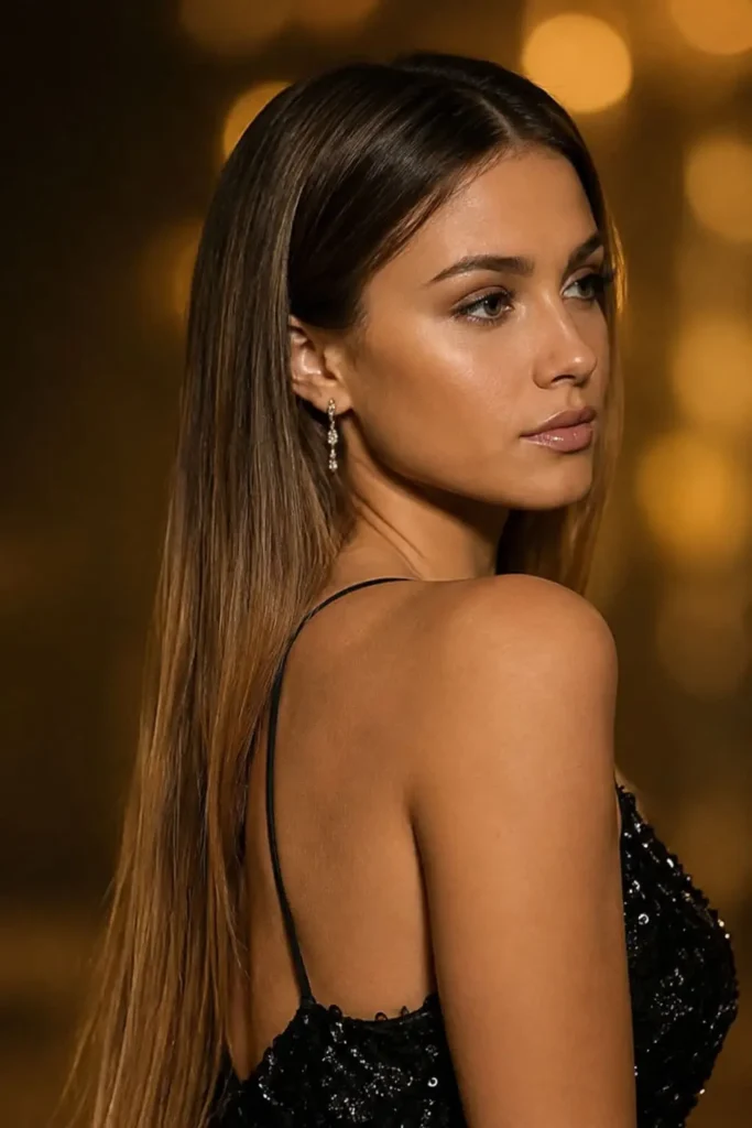 Straight prom hairstyle with sleek glossy long hair