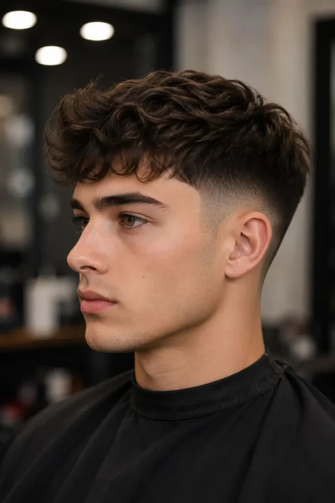 Taper fade French crop with textured forward fringe and clean tapered sides