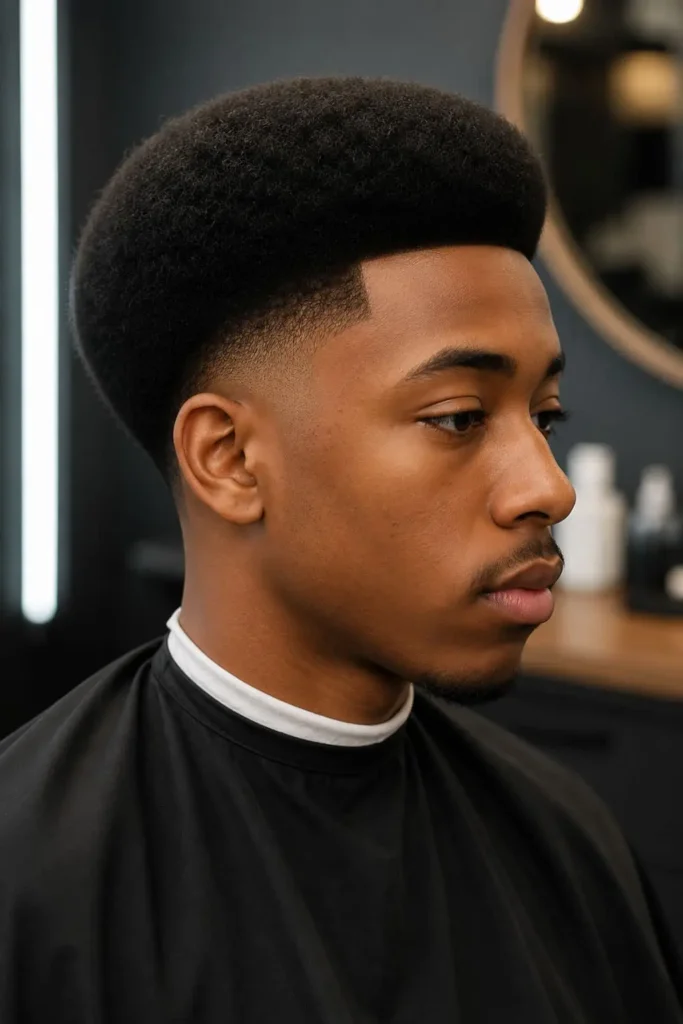 Taper fade afro hairstyle with defined natural curls and a clean neckline